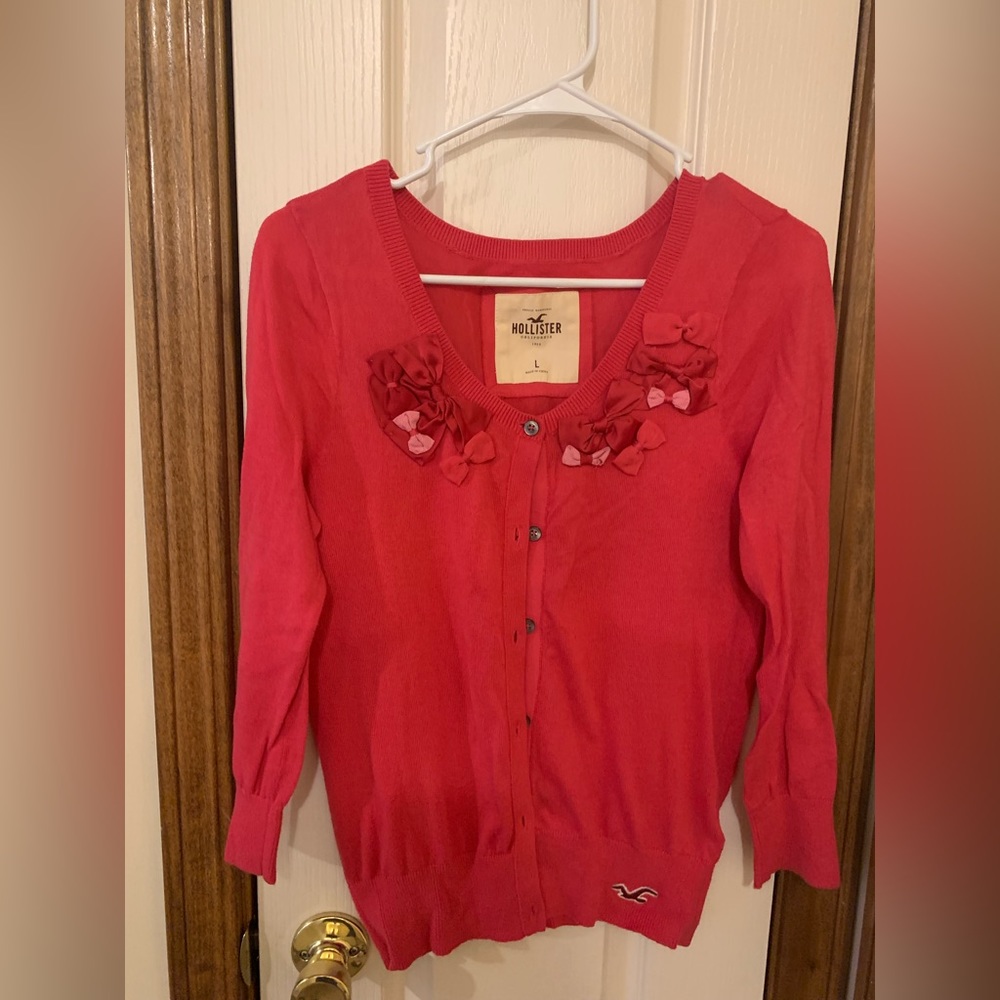 Hot pink Holister cardigan with bow embellishment, size large